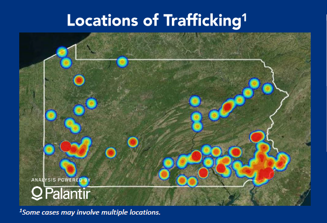 Picture is  a map showing known cases of human trafficking in Pennsylvania in 2018. The dots on the map are red when there are more cases and blue or yellow when there are fewer. Red dots are clustered in the Philadelphia and Pittsburgh areas, as well as near the border with West Virginia, and in the Scranton area. 