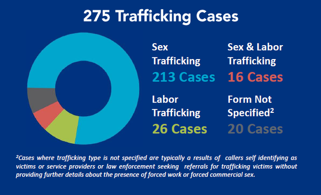Pie chart showing 275 total human trafficking cases in Pennsylvania in 2018. 213 sex trafficking cases, 16 sex and labor trafficking cases, 26 labor trafficking cases, and 20 cases where the form of trafficking was not specified.